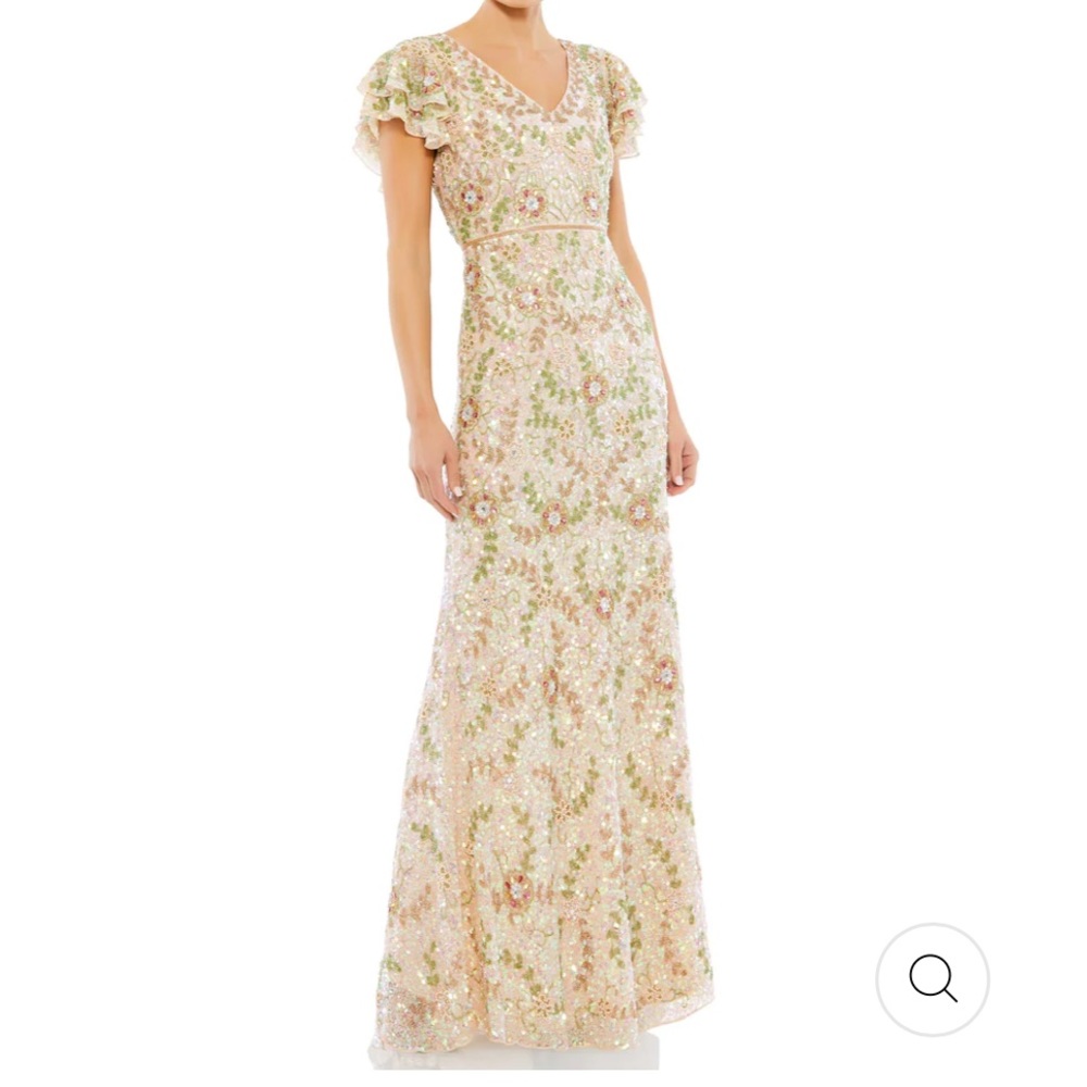 Mac Duggal 2 Nude Embellished Ruffled Cap Sleeve V Neck Maxi Gown NWT Floral